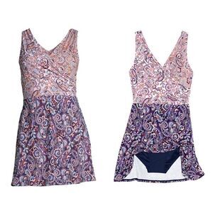 Land’s End Plus Size 1 Piece Swimsuit Dress Soft Cup Adjustable Navy Paisley Var